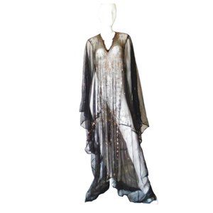 Black Mesh Caftan with Metallic Geometric Design Vintage 1970s